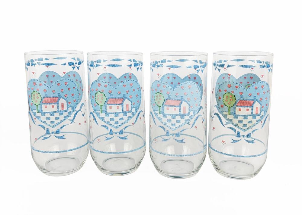 Vintage Cottagecore Farmhouse Folk Art Heart Blue Bow 12 oz Water Glasses Set 4